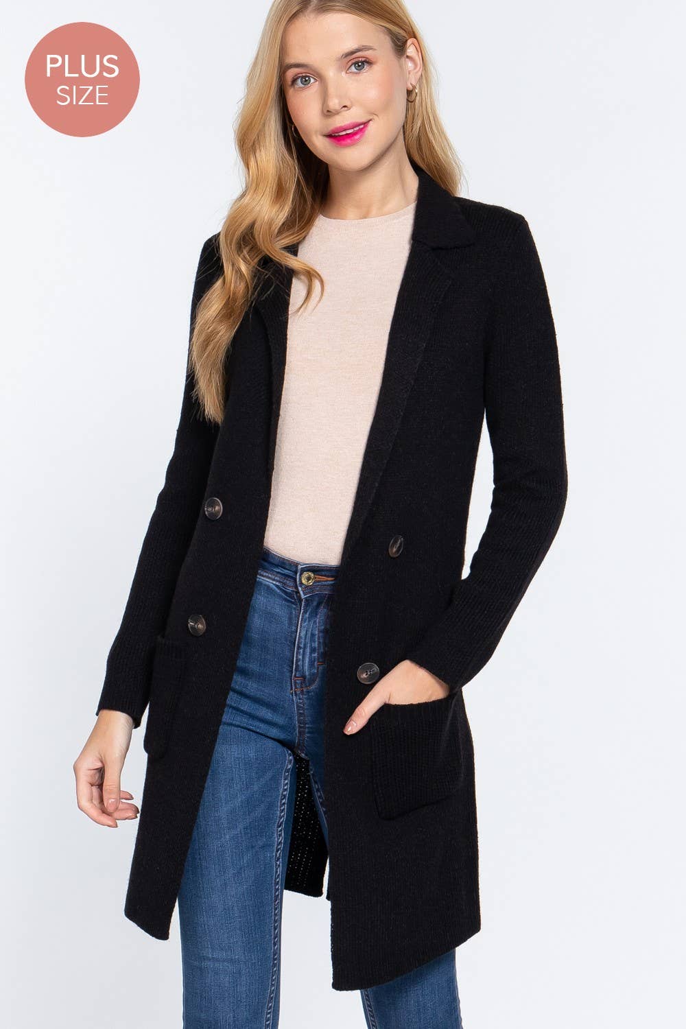 NOTCHED COLLAR SWEATER BLACK PLUS