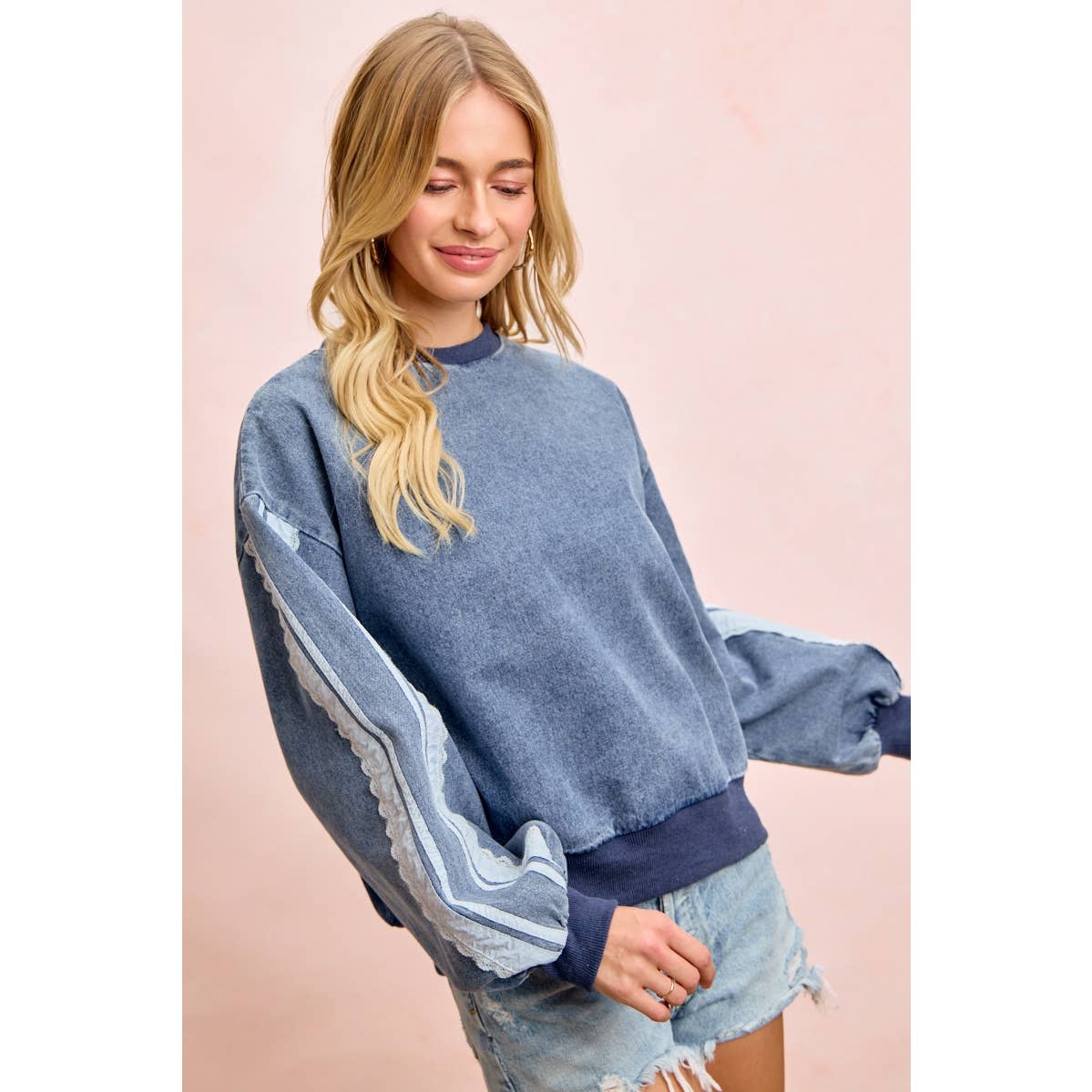 BiBi - WASHED DENIM LACE CONTRAST SIDED SWEATSHIRT TOP: DENIM / S