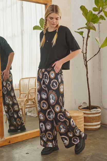 JADE BY JANE - VINTAGE PORTRAIT PRINT WIDE LEG PANTS: Black / M