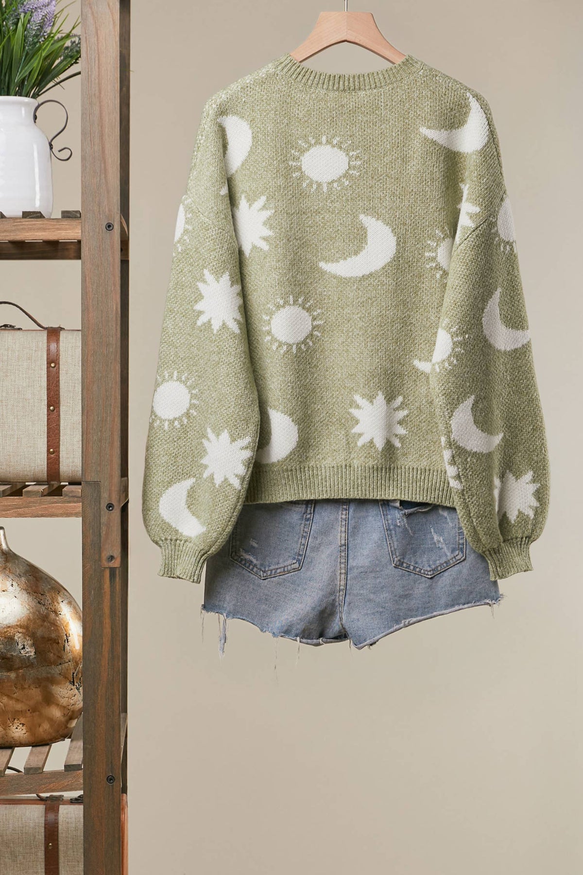 Mello. - Dreamy Moon and Star Pattern Sweater: Olive / L