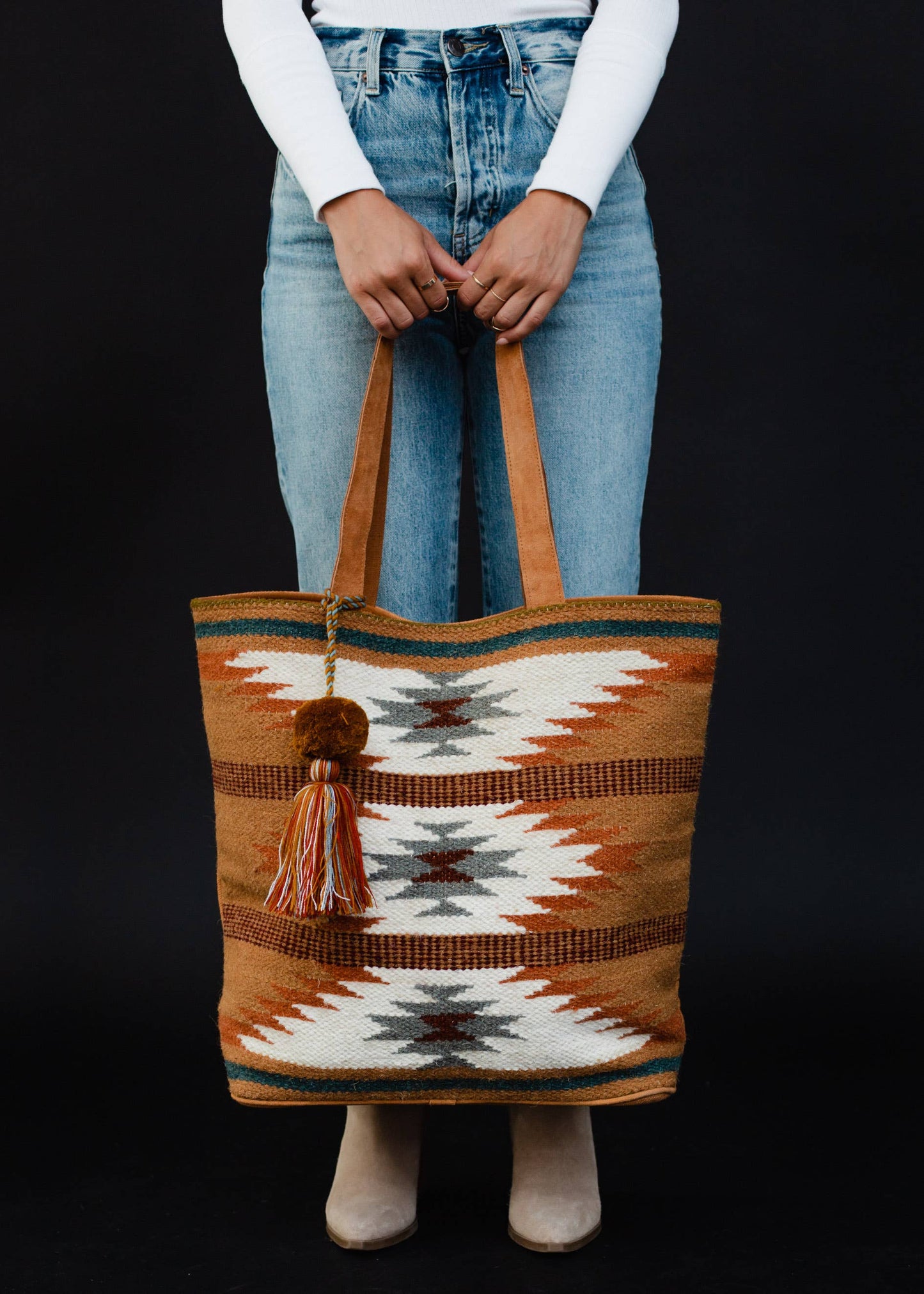 BROWN, RUST + TEAL AZTEC TOTE