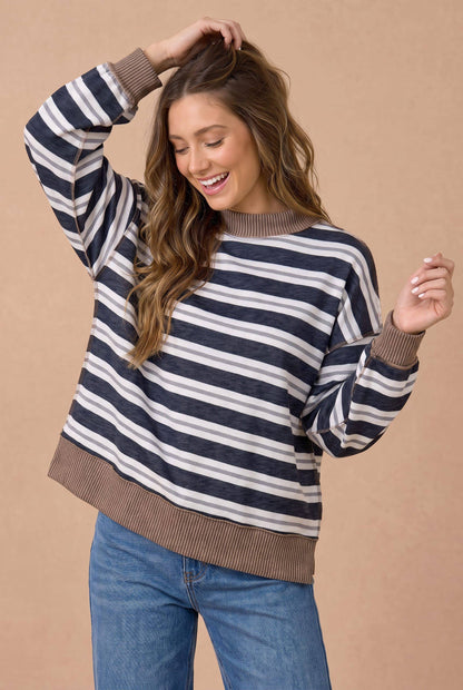 Haptics - Striped Mock Neck Balloon Sleeve Knit Top: MOCHA / S