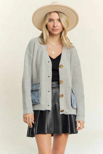 BUTTONS STRIPED DENIM POCKETS CARDIGAN