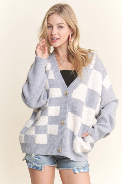 PUFF SLEEVE CHECKER CARDIGAN