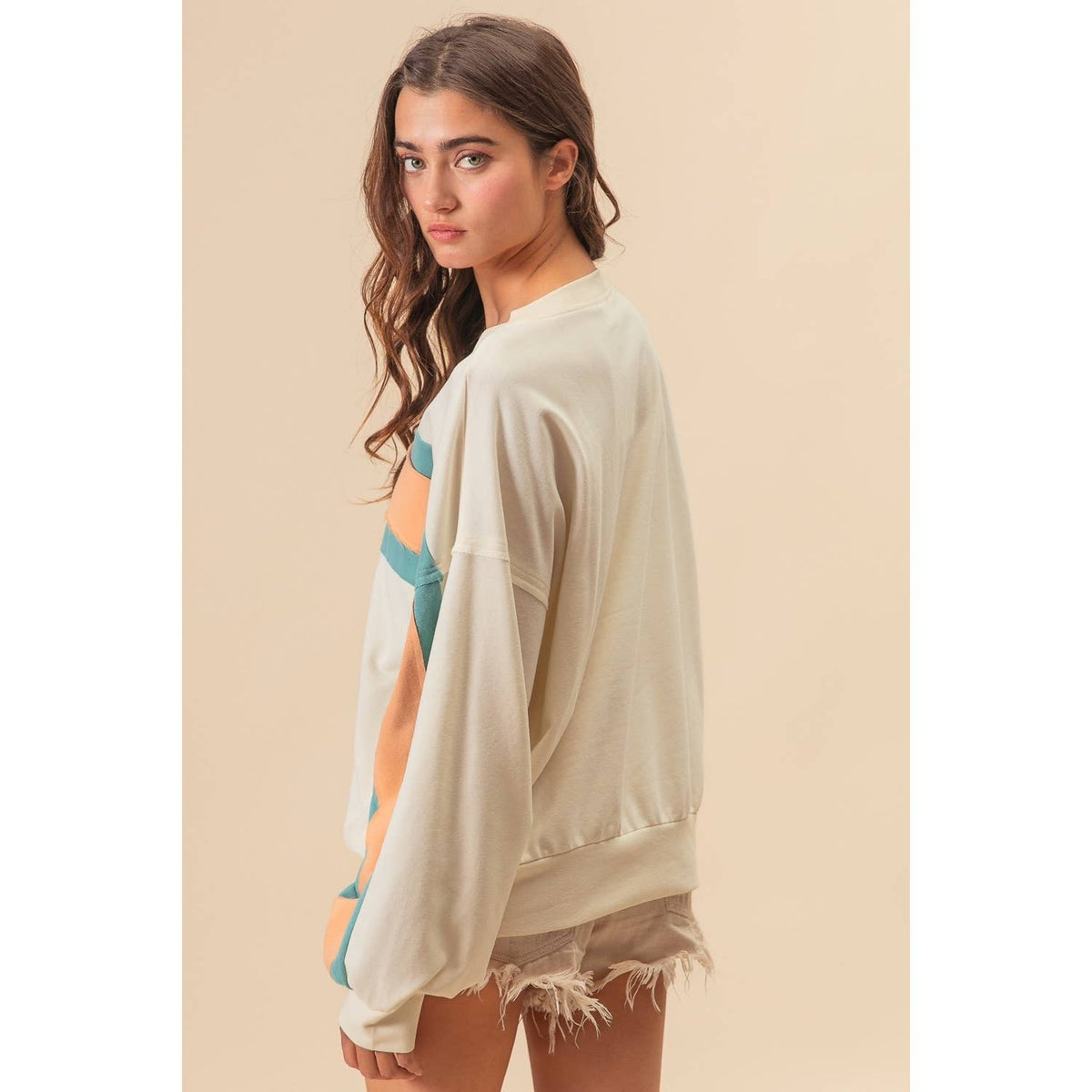BiBi - FRENCH TERRY COLOR BLOCK SWEATSHIRT: INDIGO/MUSTARD/IVORY / XL