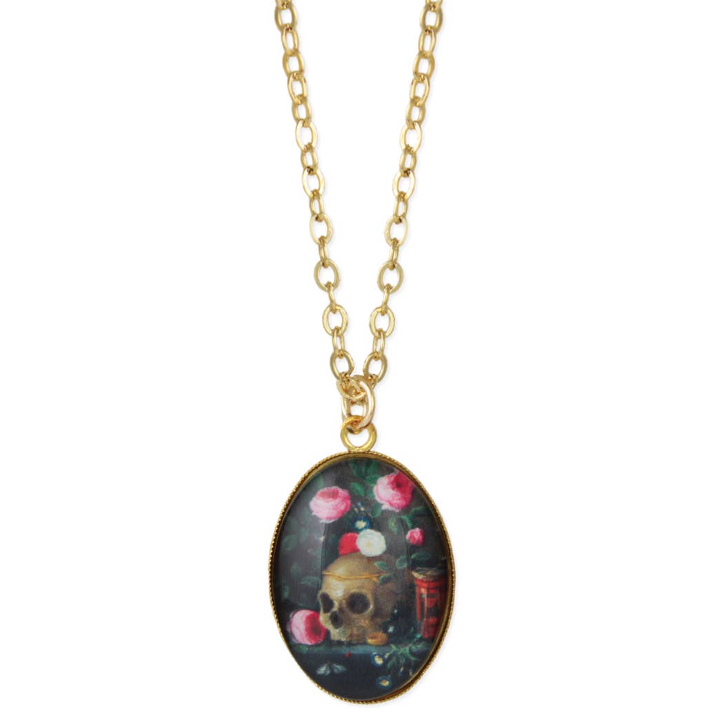 ZAD - Skull Floral Print Gold Oval Fine Art Necklace