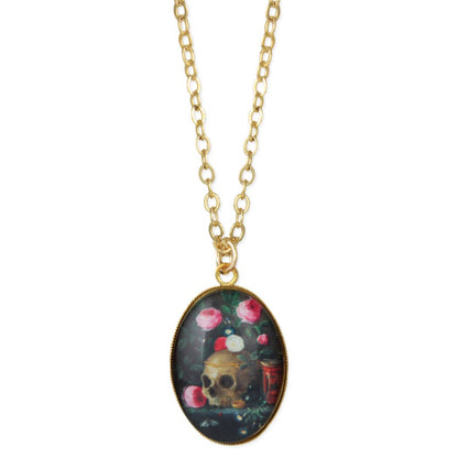 ZAD - Skull Floral Print Gold Oval Fine Art Necklace