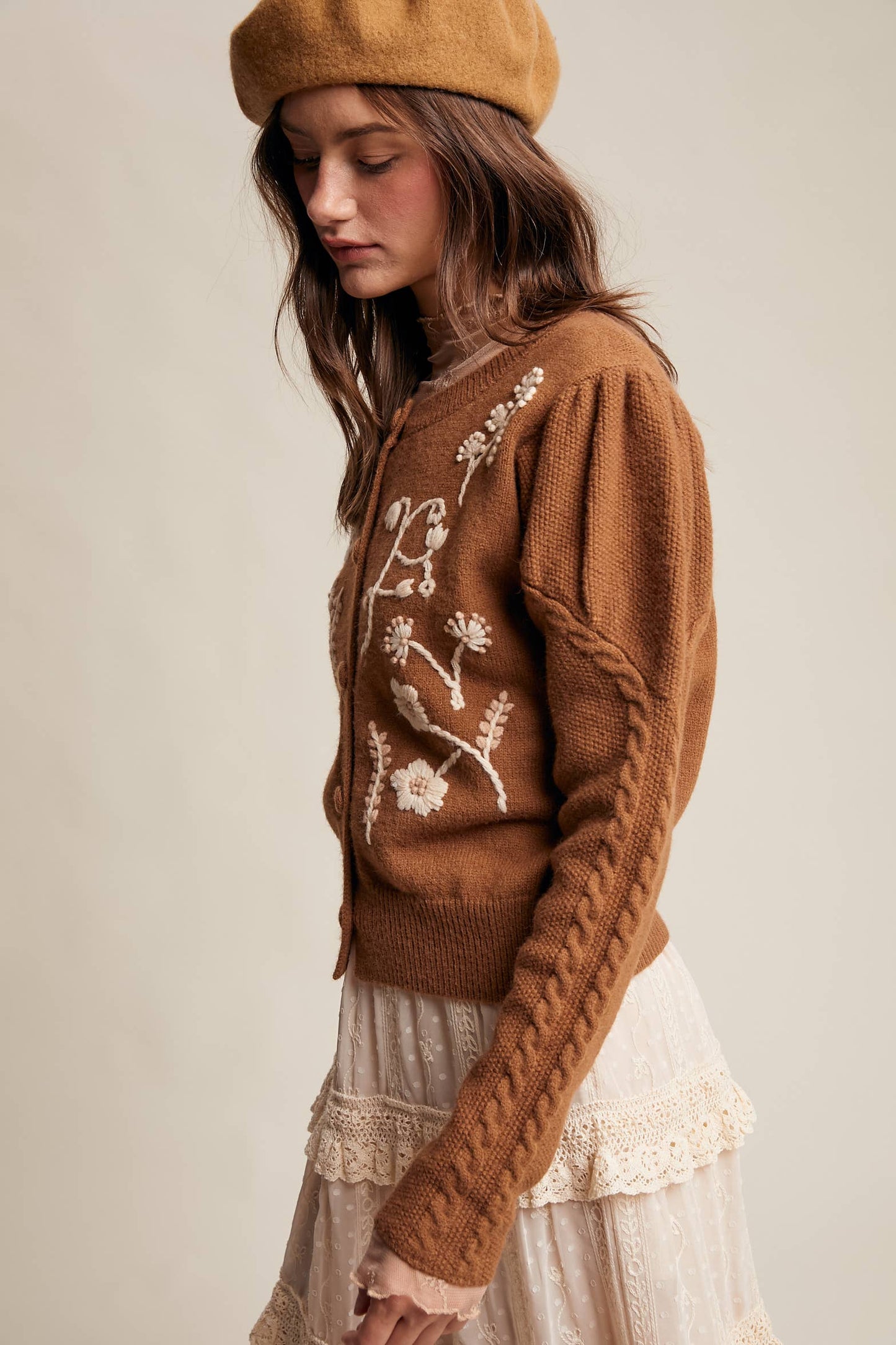 FLORAL EMBROIDERED PUFF SLEEVE CARDIGAN