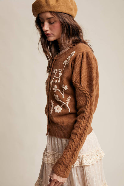 FLORAL EMBROIDERED PUFF SLEEVE CARDIGAN