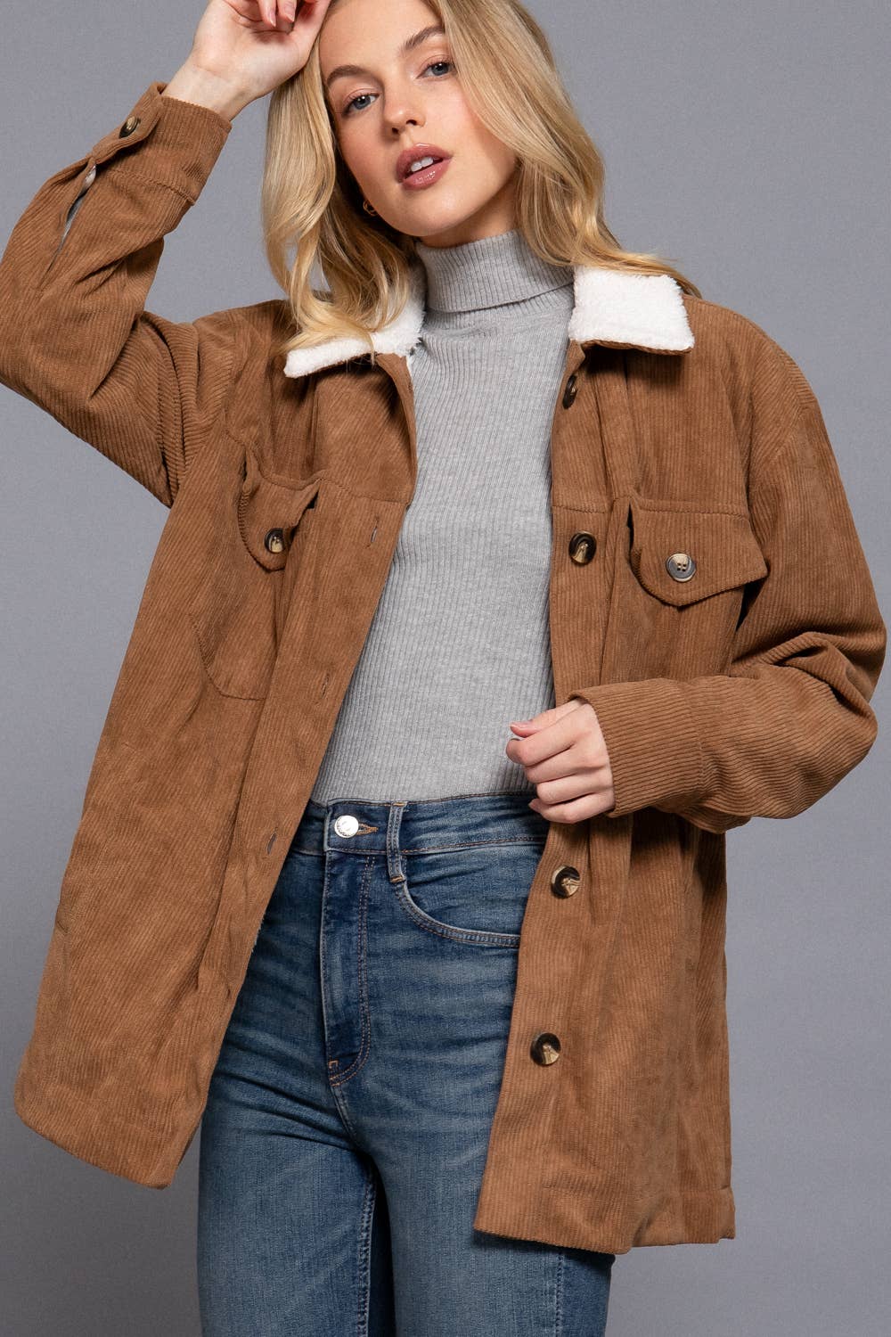 CAMEL FAUX FUR CORDUROY JACKET