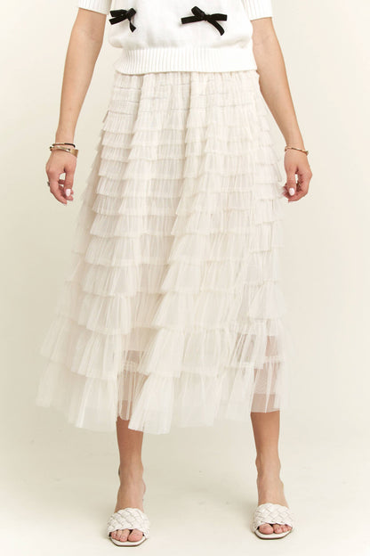 ELASTIC WAIST LAYERED MESH SKIRT - IVORY