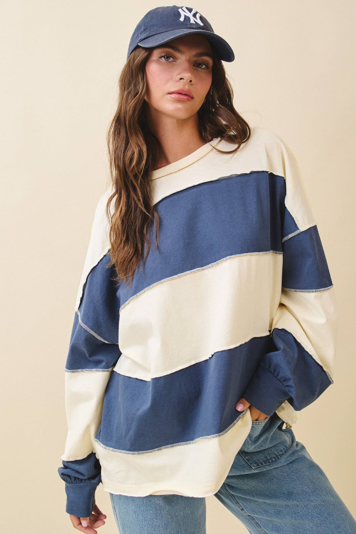 AEMI + CO - 8551GN Oversized Color Block Long Sleeve Pullover: Terracotta Butter / Contemporary / S