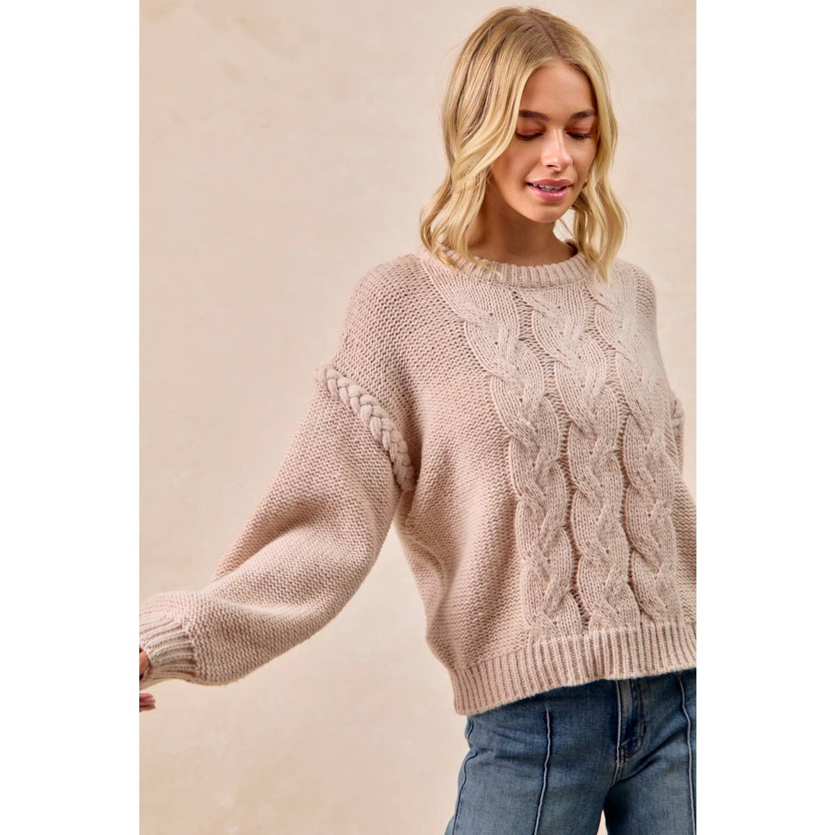 CABLE KNIT SWEATER TOP WITH SHOULDER BRAID DETAIL
