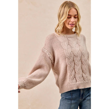CABLE KNIT SWEATER TOP WITH SHOULDER BRAID DETAIL