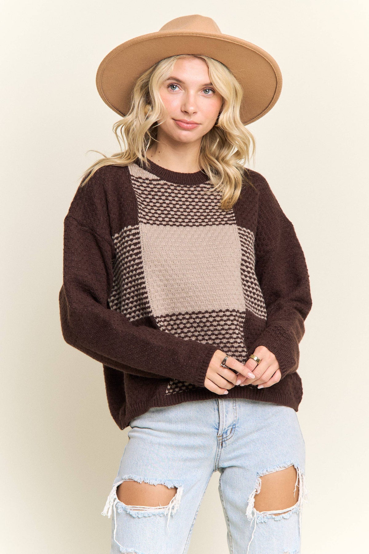 COLORBLOCK CREWNECK SWEATER: BROWN/KHAKI