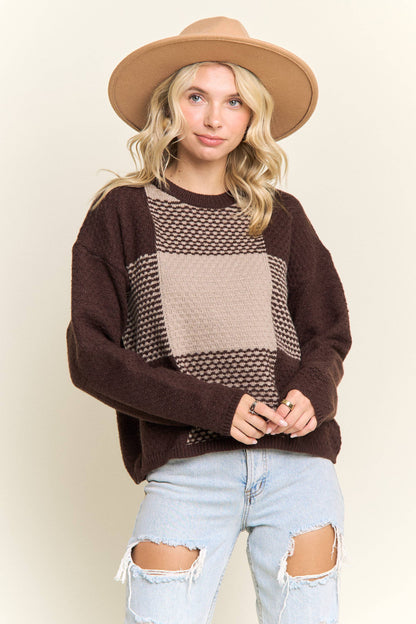COLORBLOCK CREWNECK SWEATER: BROWN/KHAKI