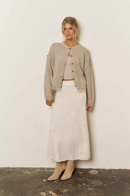 LACE TRIM EXPOSED SEAM BUTTON DOWN KNIT CARDIGAN: OATMEAL