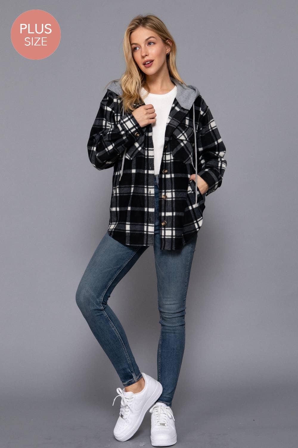 FLEECE PLAID HOODED JACKET PLUS