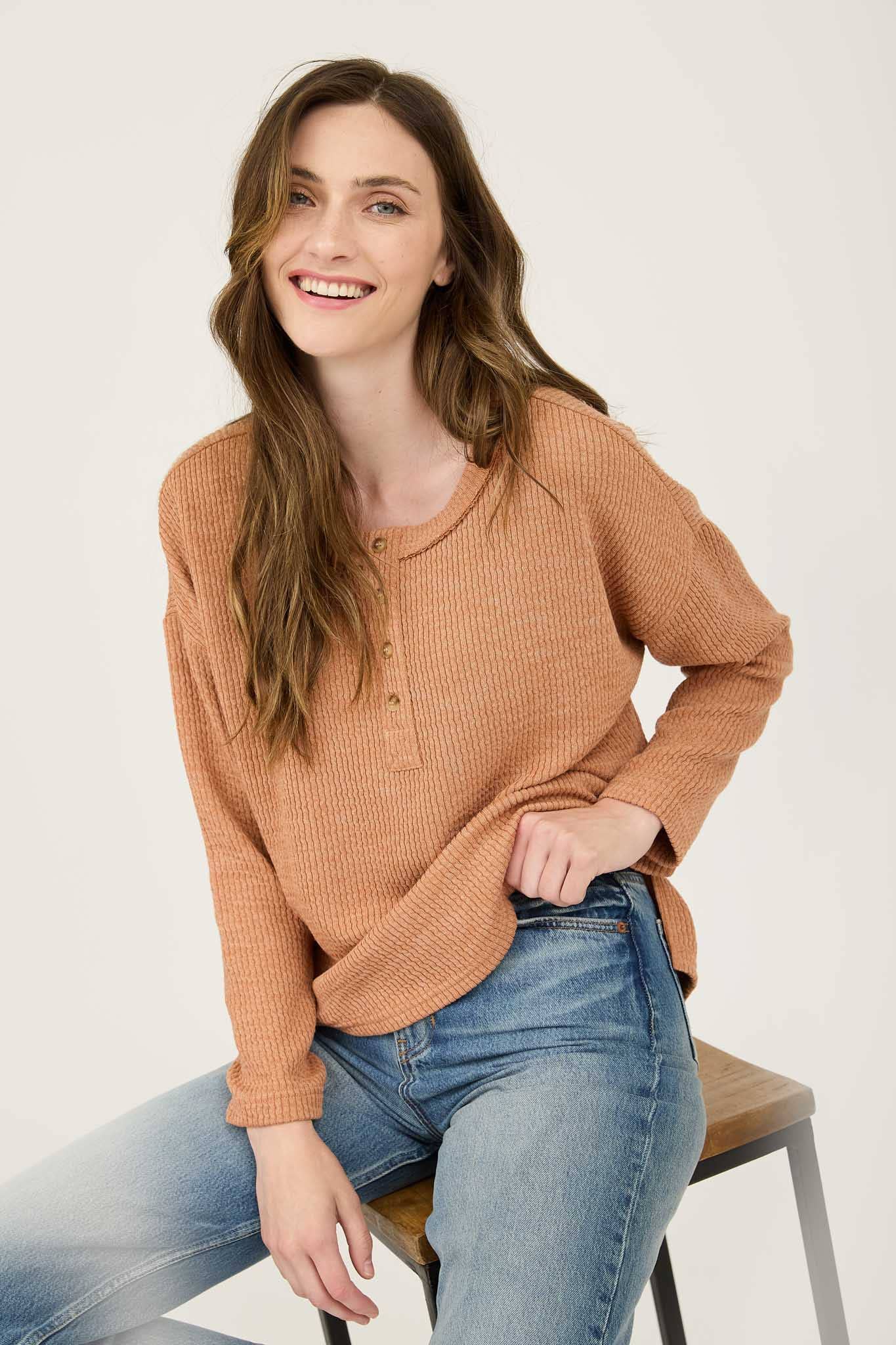 WAFFLE KNIT HENLEY LONG SLEEVE KNIT TOP