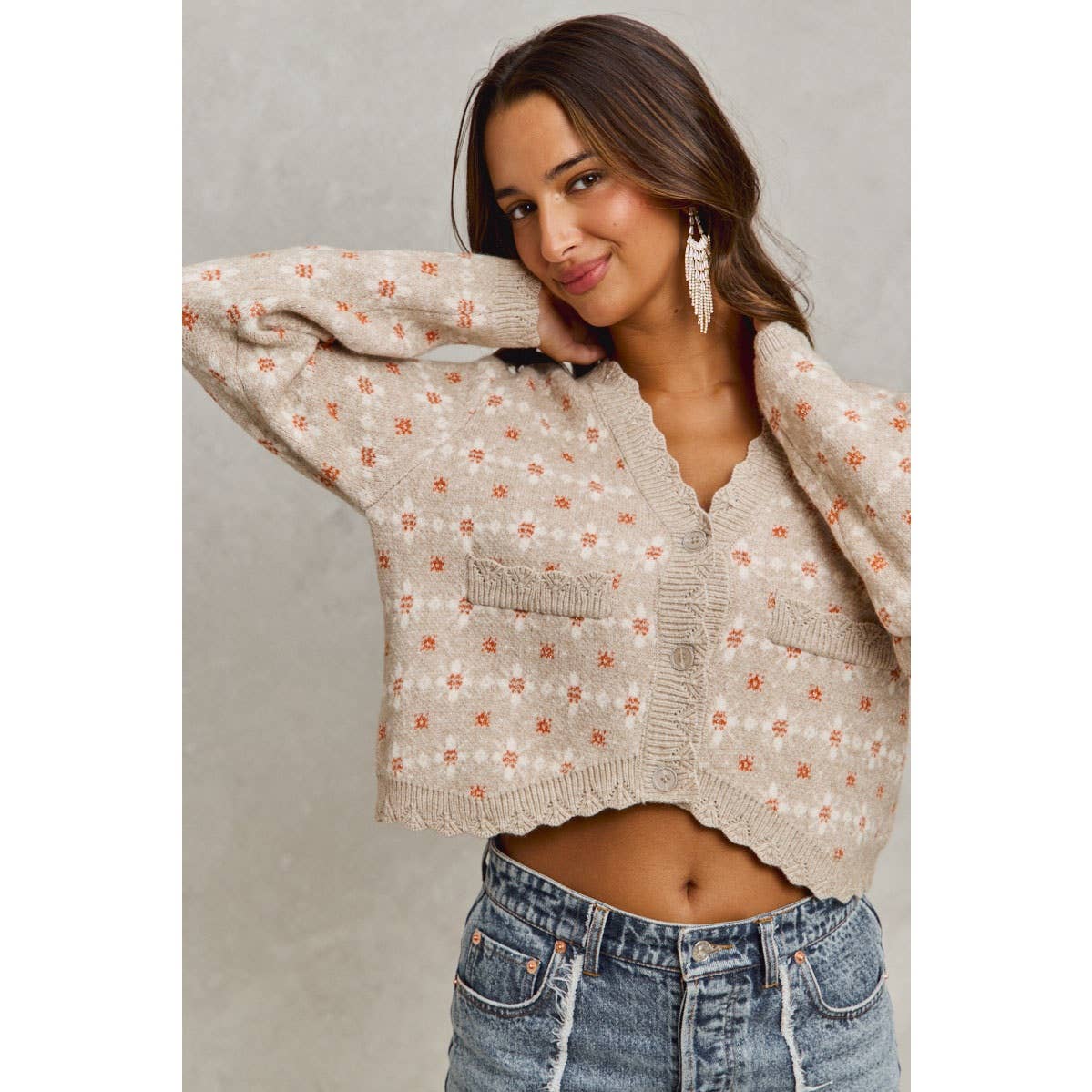 FLORAL PATTERNED BUTTON DOWN SWEATER CARDIGAN