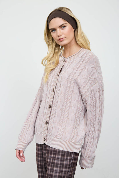 Blu Pepper - WASHED PATTERN CABLE KNIT BUTTON DOWN CARDIGAN: LIGHT KHAKI