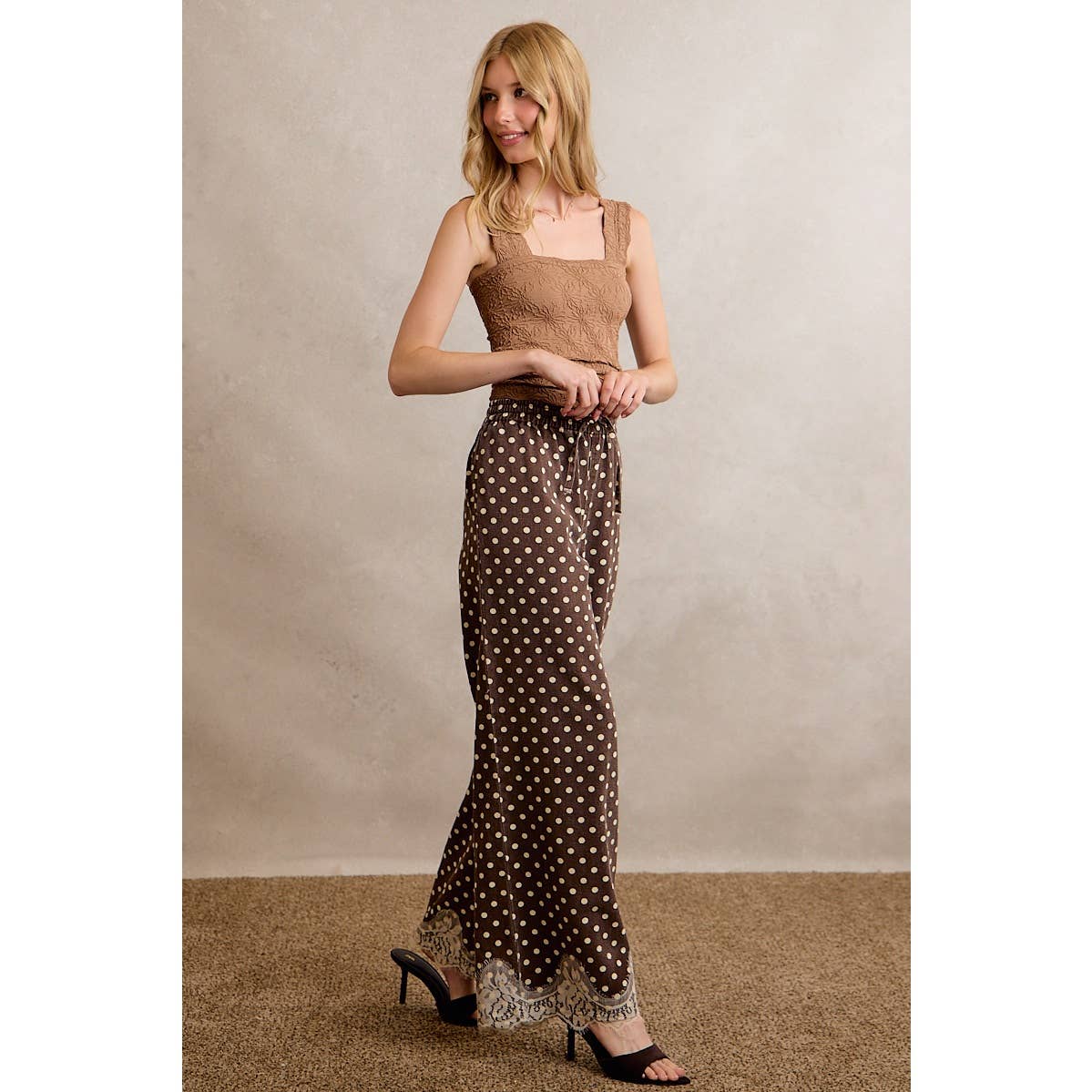 LACE TRIM WIDE LEG ELASTIC MID RISE POLKA DOT PANTS: