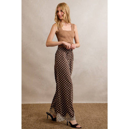 LACE TRIM WIDE LEG ELASTIC MID RISE POLKA DOT PANTS: