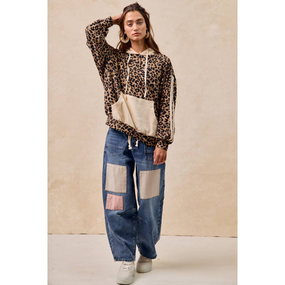 BiBi - WAFFLE THERMAL AND LEOPARD MIX AND MATCH HOODIE: LEOPARD/OATMEAL / L