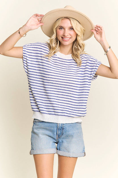 TORI STRIPED CASUAL SHORT SLEEVE KNIT TOP
