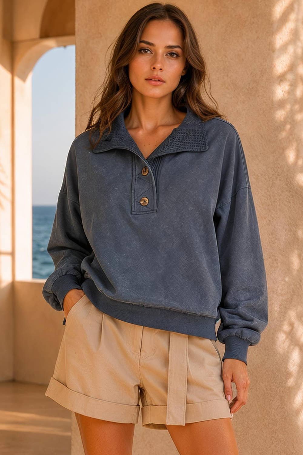 Mock Neck Mineral Washed Knit Causal Top