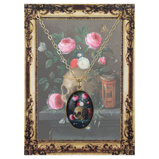 ZAD - Skull Floral Print Gold Oval Fine Art Necklace