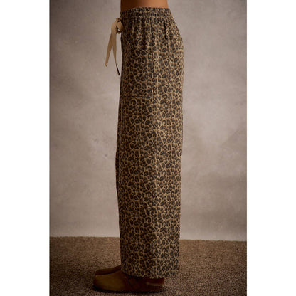 LEOPARD ELASTICIZED WAIST WIDE PANTS