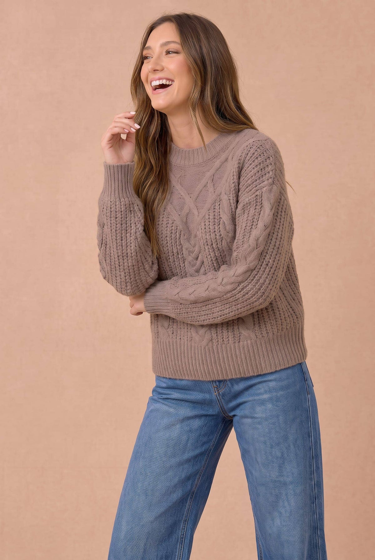 Haptics - Round Neck Long Sleeve Cable Detail Sweater: KHAKI / L