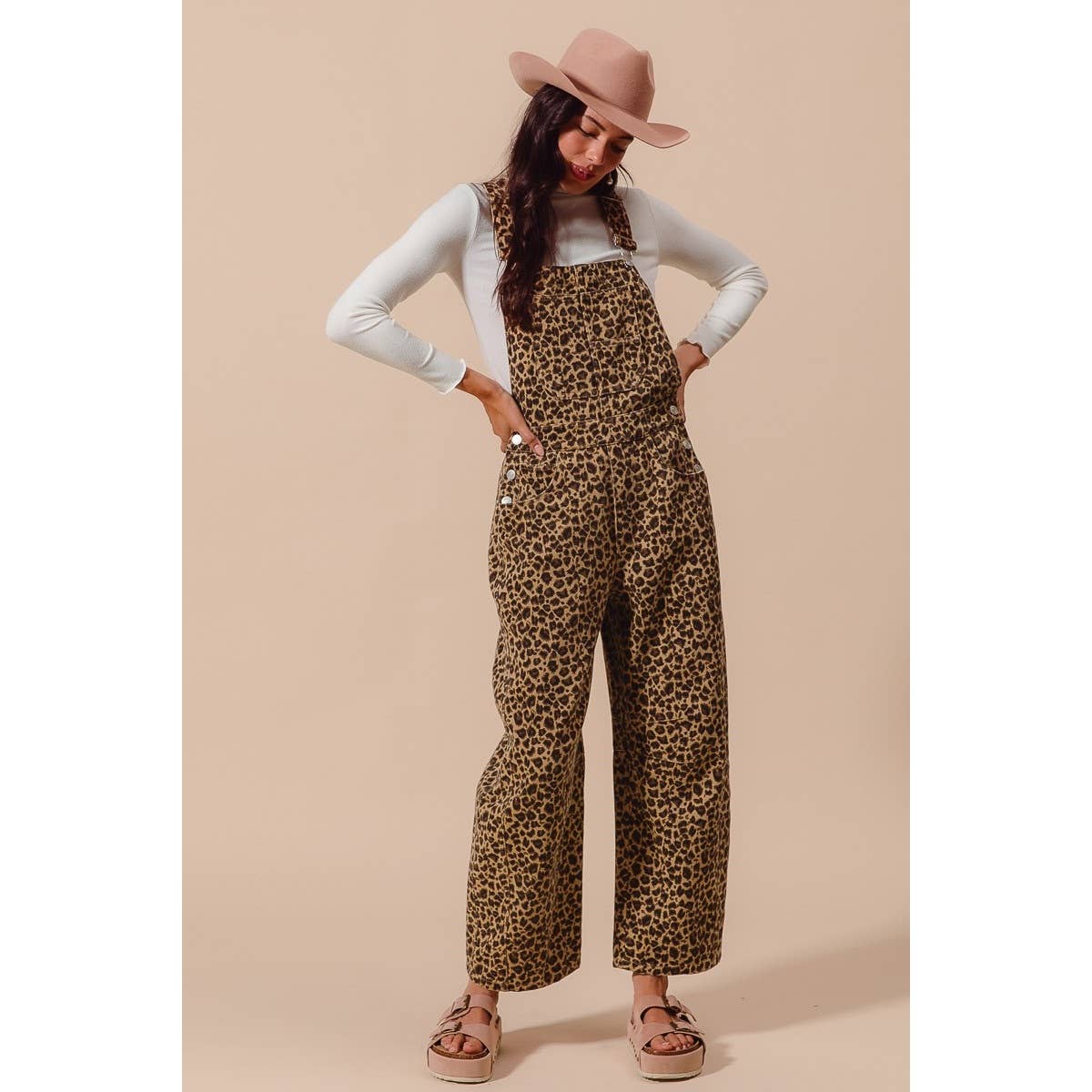 LEOPARD TWILL SLOUCHY BARREL OVERALLS JUMPSUIT
