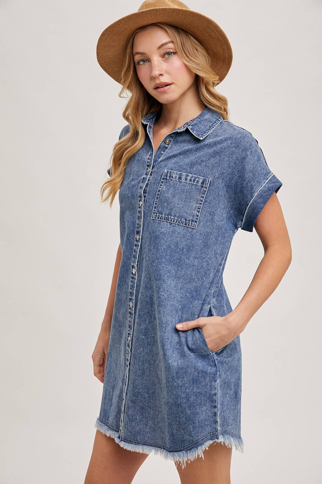 FRAYED HEM DENIM SHIRT DRESS