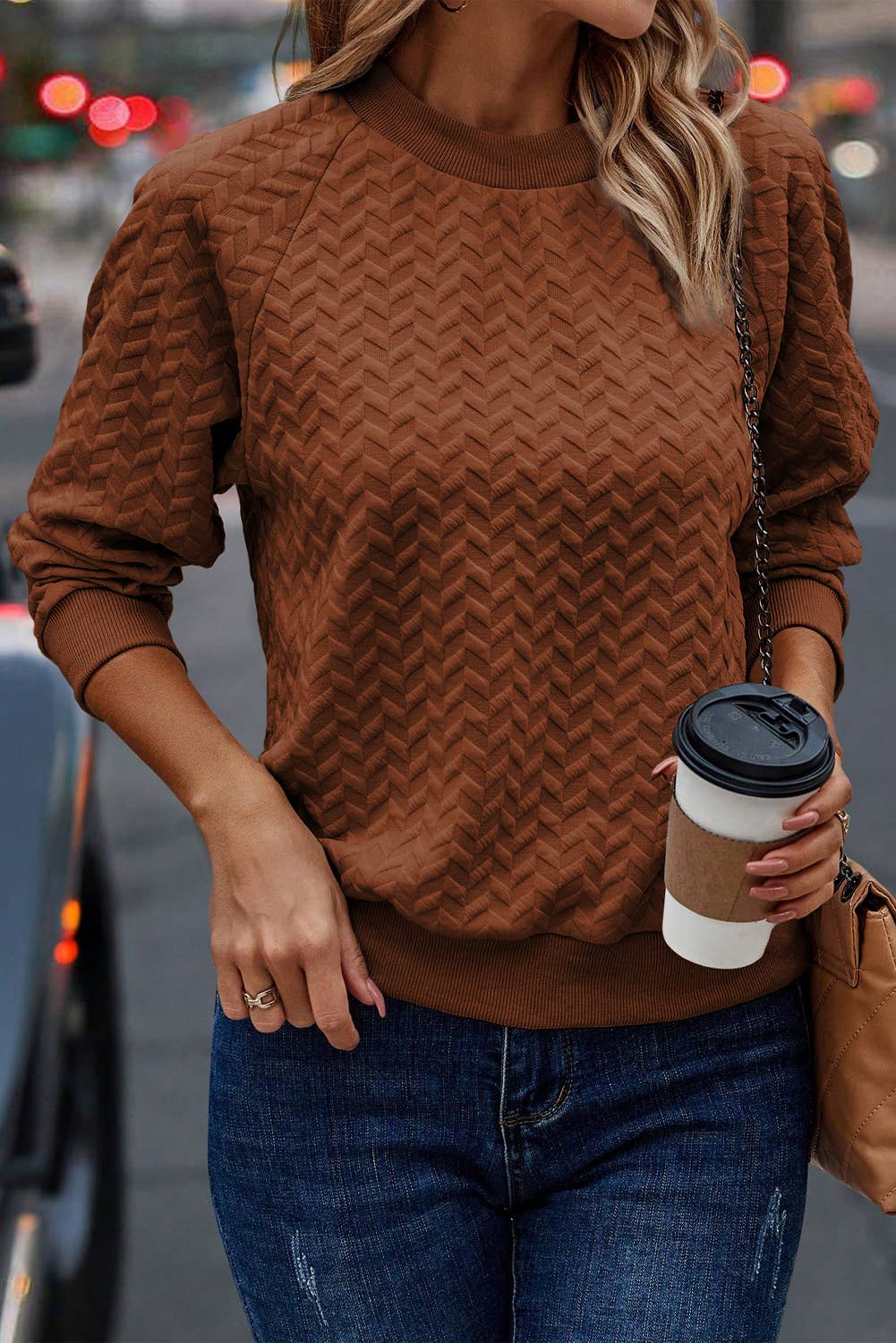 CHESTNUT TEXTURED RAGLAN PULLOVER