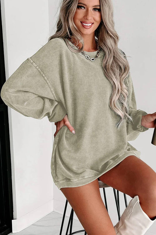 GREEN RIBBED KNIT ROUND NECK PULLOVER