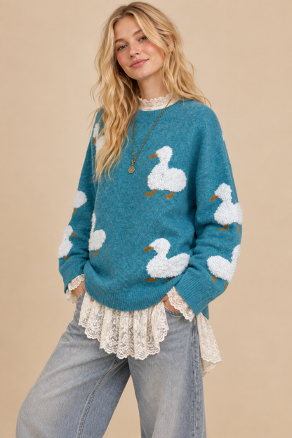 J.NNA - Quack-Me-Up Cozy Knit Duck Sweater: TEAL / M