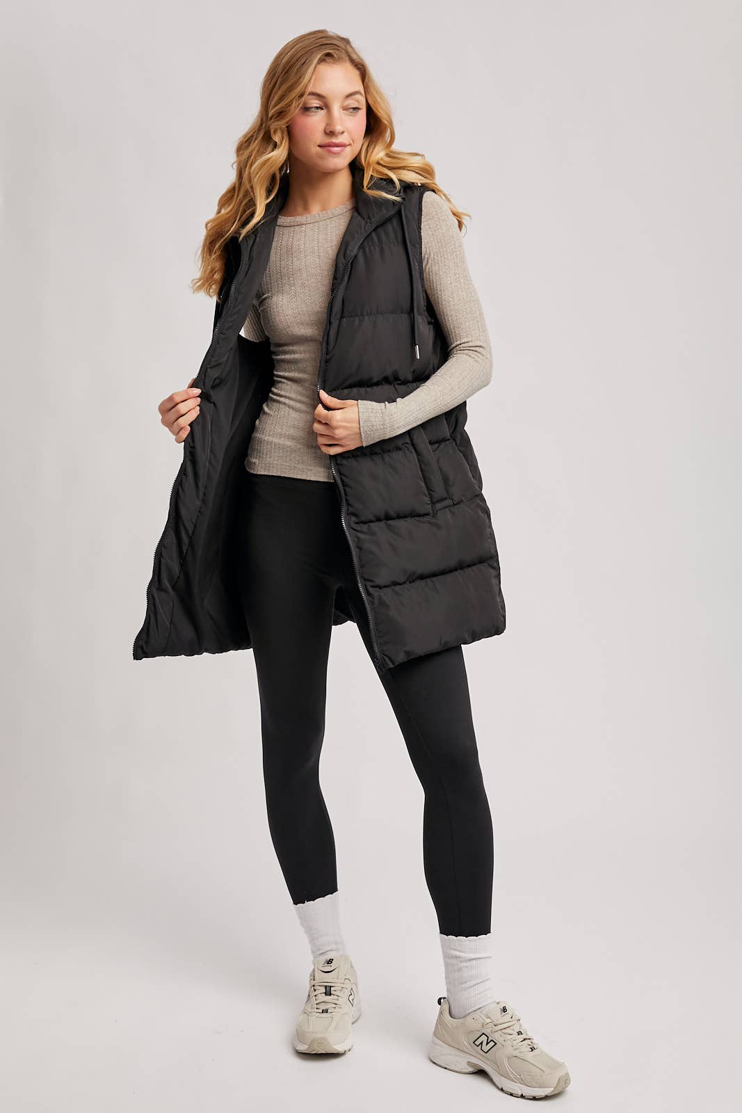 BLACK OR BEIGE HOODED ZIPPER DOWN LONGLINE PUFFER VEST