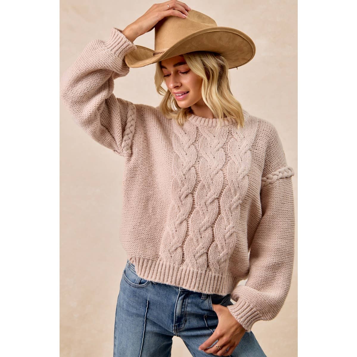 CABLE KNIT SWEATER TOP WITH SHOULDER BRAID DETAIL