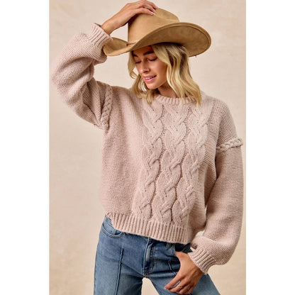 CABLE KNIT SWEATER TOP WITH SHOULDER BRAID DETAIL
