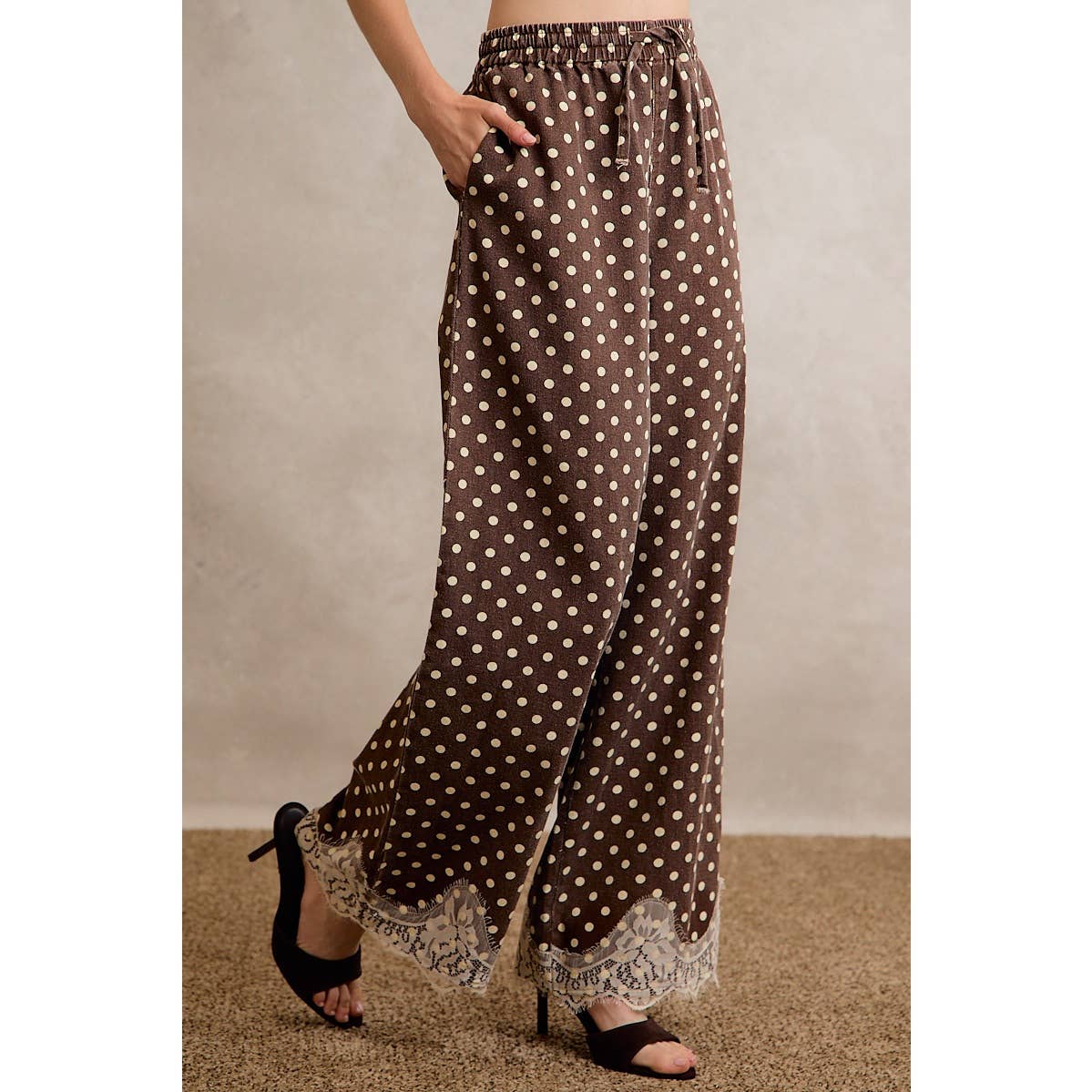 LACE TRIM WIDE LEG ELASTIC MID RISE POLKA DOT PANTS: