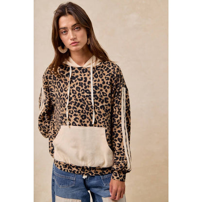 BiBi - WAFFLE THERMAL AND LEOPARD MIX AND MATCH HOODIE: LEOPARD/OATMEAL / L