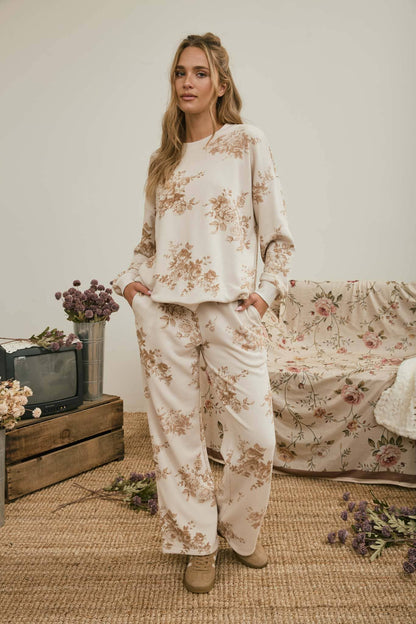 FLORAL TOILE LONG SLEEVE CREW NECK KNIT TOP