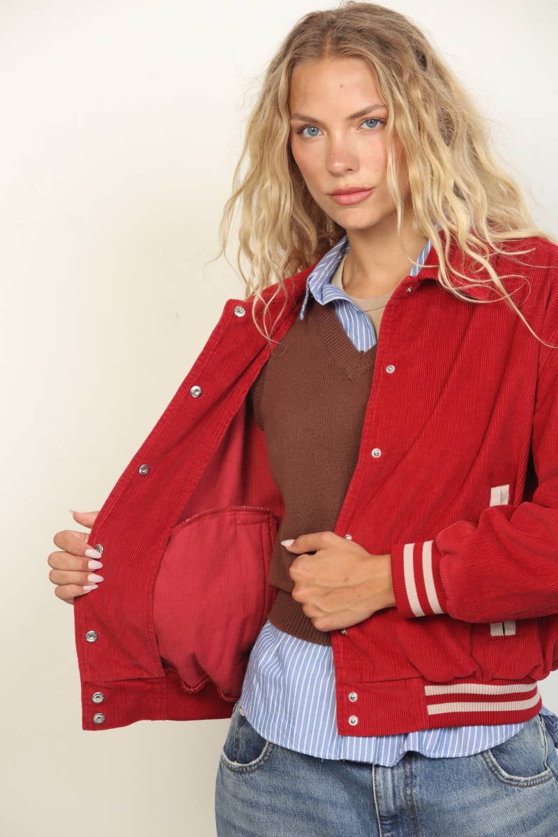 26 International - Corduroy Snap Front Oversized Varsity Jacket: Red Combo / M