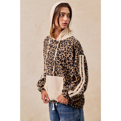 BiBi - WAFFLE THERMAL AND LEOPARD MIX AND MATCH HOODIE: LEOPARD/OATMEAL / L
