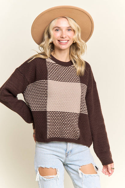 COLORBLOCK CREWNECK SWEATER: BROWN/KHAKI