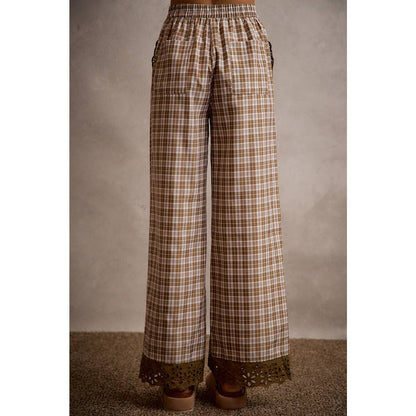 PLAID CHECK WIDE LEG PULL ON WIDE LEG PANTS WITH LACE