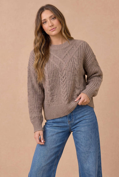 Haptics - Round Neck Long Sleeve Cable Detail Sweater: KHAKI / L