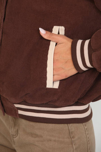 26 International - Corduroy Snap Front Oversized Varsity Jacket: Red Combo / L